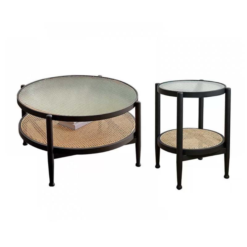 Tropical Round Cocktail Table Glass Top Coffee Cocktail Table with Shelf 35"L x 35"W x 17.7"H + 19.7"L x 19.7"W x 23.5"H Black Clearhalo 'Coffee & Accent Tables' 'Coffee Tables' 'coffee_tables' 'furn' 'furn_coffee_tables' 'Furniture' 'Living Room Furniture' 6523568