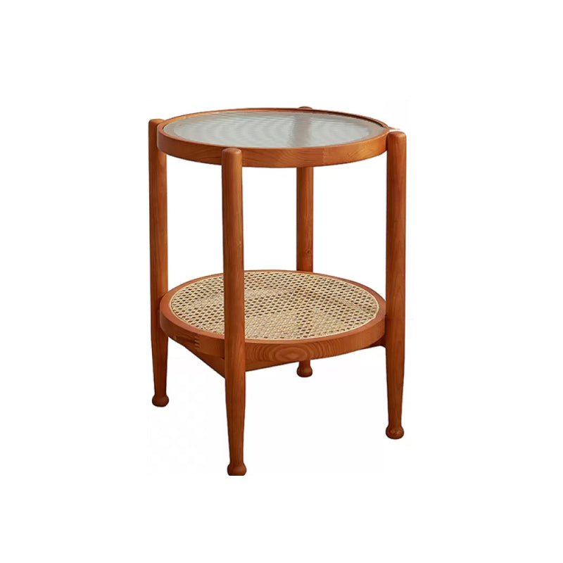 Tropical Round Cocktail Table Glass Top Coffee Cocktail Table with Shelf 19.7"L x 19.7"W x 23.5"H Cherry Wood Clearhalo 'Coffee & Accent Tables' 'Coffee Tables' 'coffee_tables' 'furn' 'furn_coffee_tables' 'Furniture' 'Living Room Furniture' 6523572