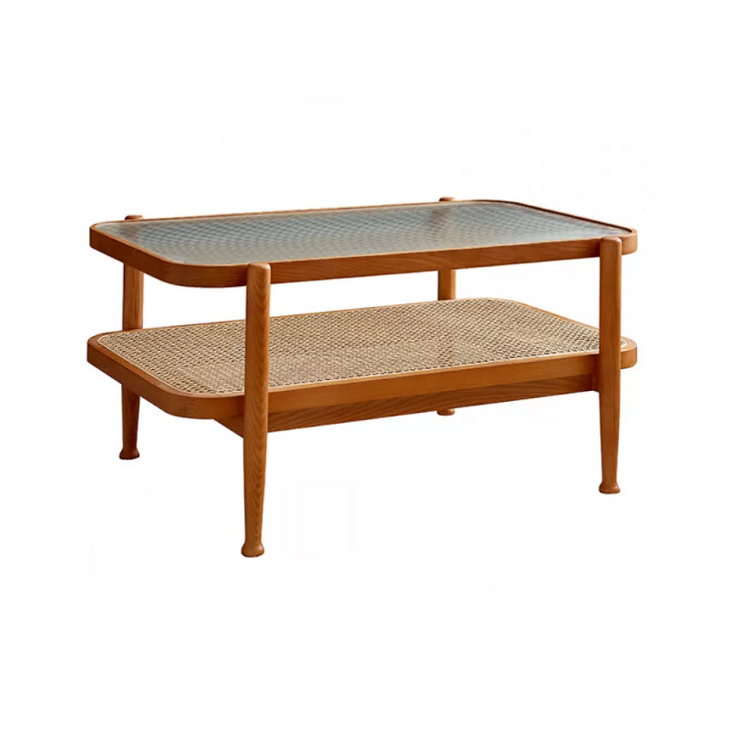 Tropical Round Cocktail Table Glass Top Coffee Cocktail Table with Shelf 35.5"L x 22"W x 18"H Cherry Wood Clearhalo 'Coffee & Accent Tables' 'Coffee Tables' 'coffee_tables' 'furn' 'furn_coffee_tables' 'Furniture' 'Living Room Furniture' 6523573