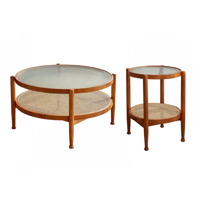 Tropical Round Cocktail Table Glass Top Coffee Cocktail Table with Shelf 35"L x 35"W x 17.7"H + 19.7"L x 19.7"W x 23.5"H Cherry Wood Clearhalo 'Coffee & Accent Tables' 'Coffee Tables' 'coffee_tables' 'furn' 'furn_coffee_tables' 'Furniture' 'Living Room Furniture' 6523577