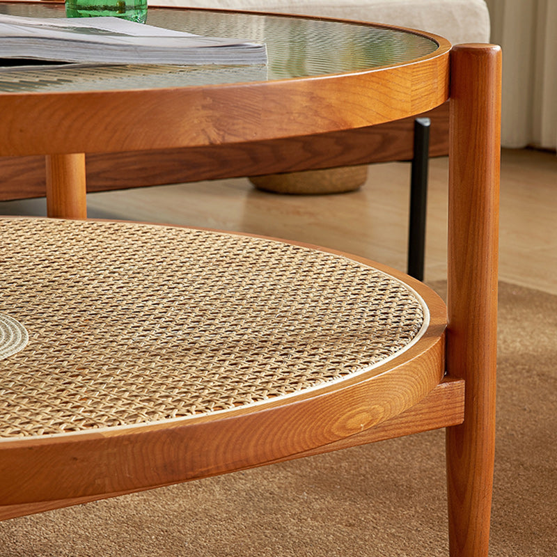 Tropical Round Cocktail Table Glass Top Coffee Cocktail Table with Shelf Clearhalo 'Coffee & Accent Tables' 'Coffee Tables' 'coffee_tables' 'furn' 'furn_coffee_tables' 'Furniture' 'Living Room Furniture' 6523578