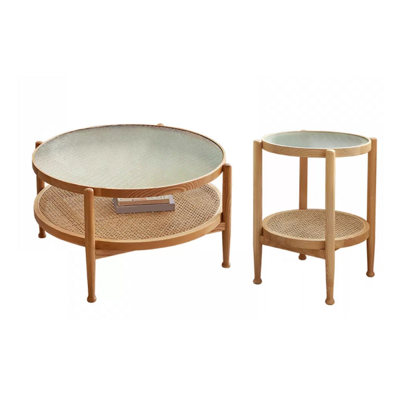 Tropical Round Cocktail Table Glass Top Coffee Cocktail Table with Shelf 35"L x 35"W x 17.7"H + 19.7"L x 19.7"W x 23.5"H Natural Clearhalo 'Coffee & Accent Tables' 'Coffee Tables' 'coffee_tables' 'furn' 'furn_coffee_tables' 'Furniture' 'Living Room Furniture' 6523585