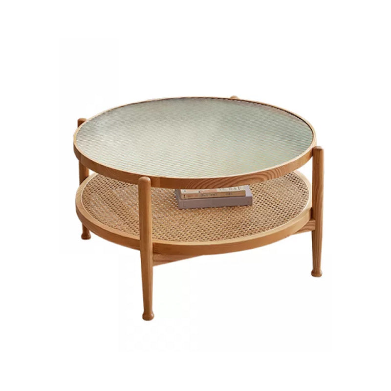 Tropical Round Cocktail Table Glass Top Coffee Cocktail Table with Shelf 35"L x 35"W x 17.7"H Cherry Clearhalo 'Coffee & Accent Tables' 'Coffee Tables' 'coffee_tables' 'furn' 'furn_coffee_tables' 'Furniture' 'Living Room Furniture' 6523587