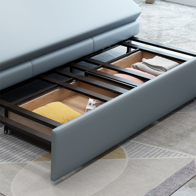 ストレージスカンジナビアソファベッドと青いフェイクレザースリーパーソファ