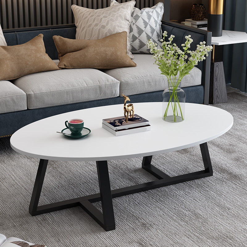 Modern Oval Coffee Table Wood and Steel Coffee Table Cross Legs