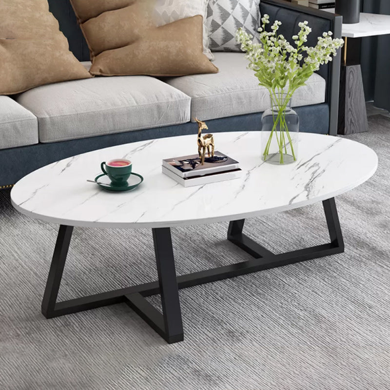 Modern Oval Coffee Table Wood and Steel Coffee Table Cross Legs