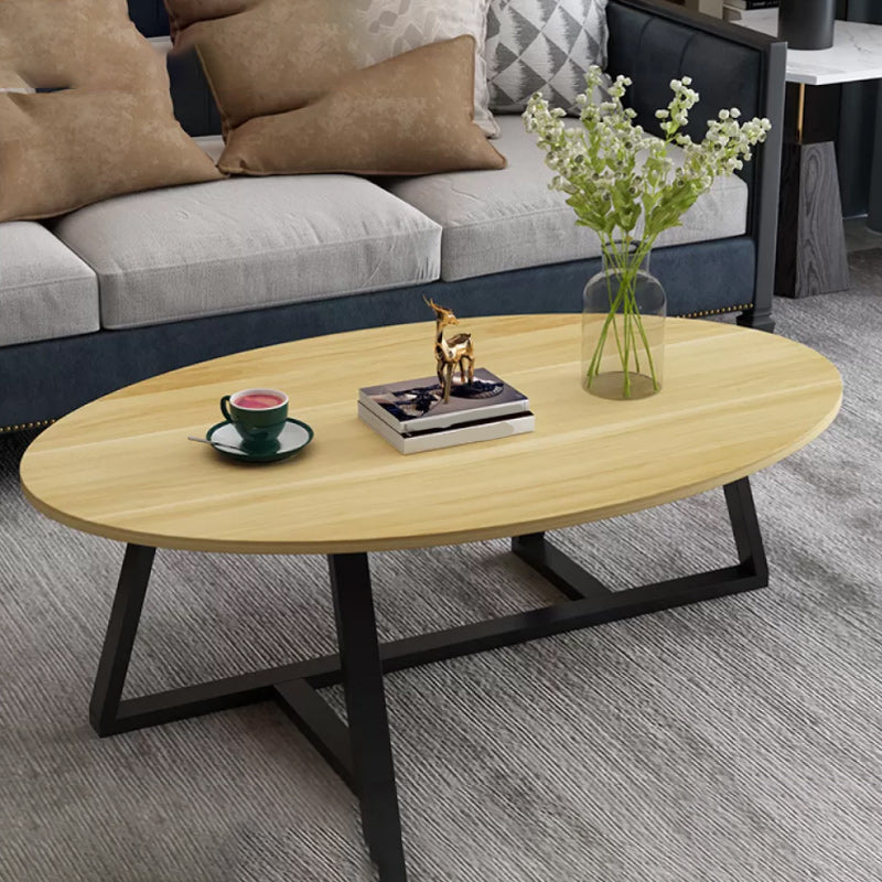 Modern Oval Coffee Table Wood and Steel Coffee Table Cross Legs