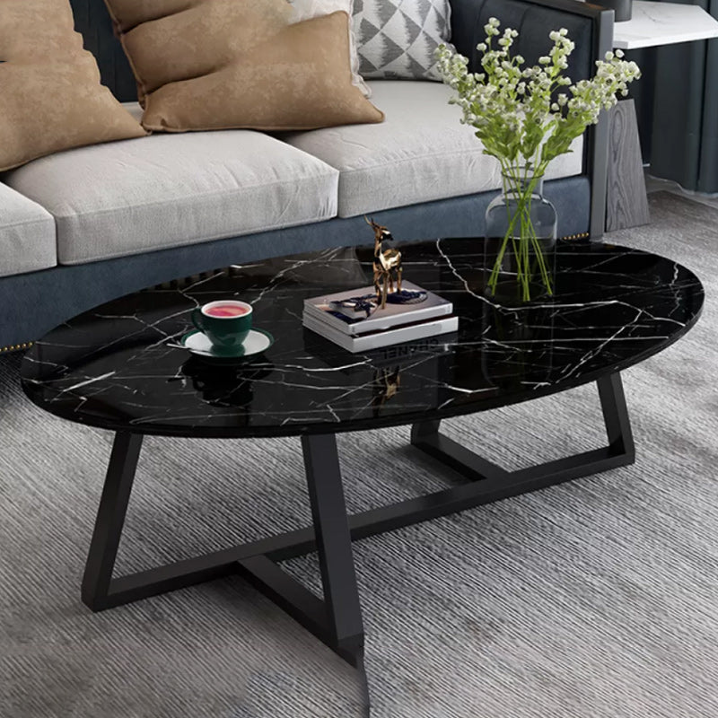 Modern Oval Coffee Table Wood and Steel Coffee Table Cross Legs