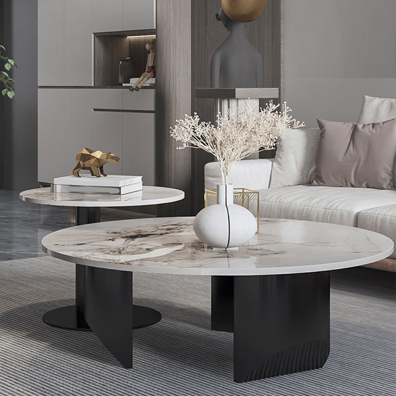 Contemporary Round Coffee or End Table Iron and Stone Coffee Table in Black and White Clearhalo 'Coffee & Accent Tables' 'Coffee Tables' 'coffee_tables' 'furn' 'furn_coffee_tables' 'Furniture' 'Living Room Furniture' 6523828