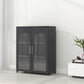 Scandinavian Metal Bookshelf Standard Closed Back Bookcase with Cabinets 31.5"L x 13.8"W x 40"H Black Vertical Glass Clearhalo 'Bookcases' 'furn' 'furn_bookcases' 'Furniture' 'Office Furniture' 6524627