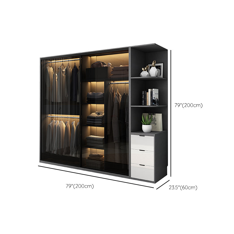 Modern Style Glass Wardrobe Black Colour Wardrobe Closet with Sliding Door