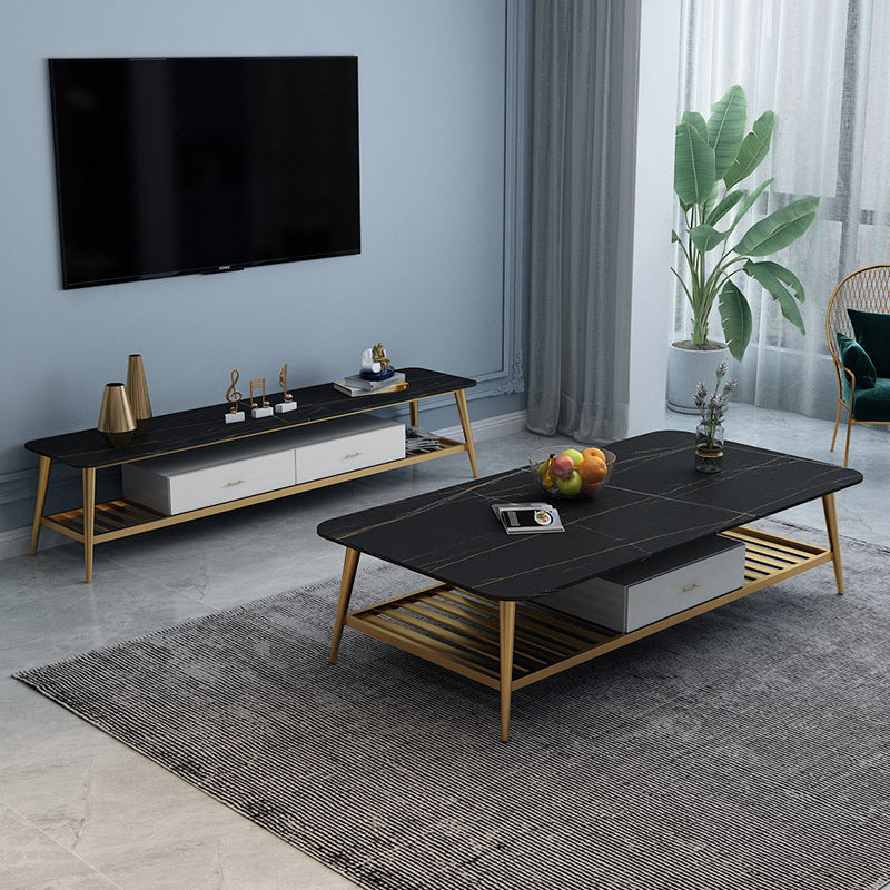 Mobile TV moderno, console multimediale per TV in pietra, con contenitori aperti, con cassetti
