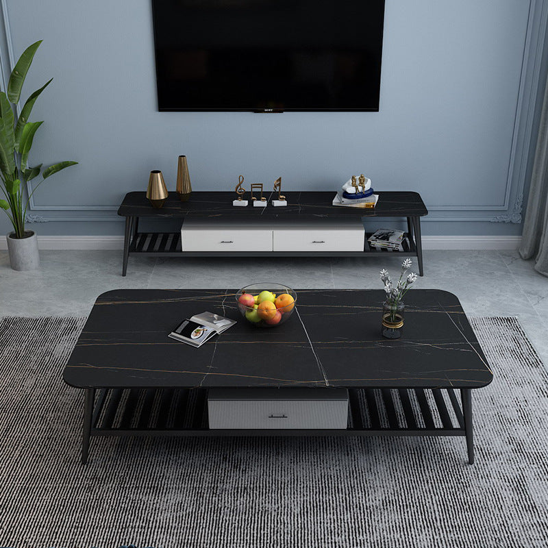 Mobile TV moderno, console multimediale per TV in pietra, con contenitori aperti, con cassetti