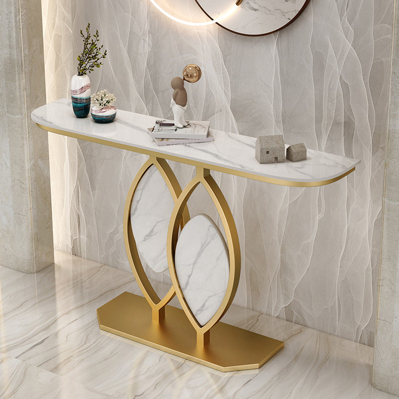 Stone Top Accent Console Table Antique Gold Console Table with Metal Leg 59"L x 12"W x 31"H Gold-White Clearhalo 'Console Tables' 'console_tables' 'Entry & Mudroom Furniture' 'furn' 'furn_console_tables' 'Furniture' 6534129