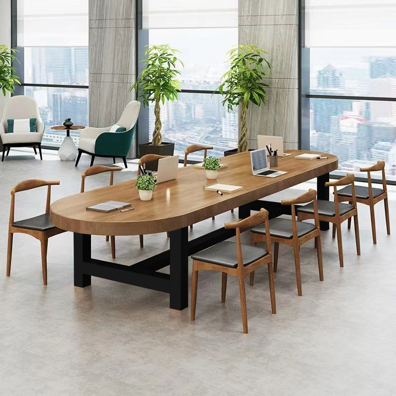 Solid Wood Oval Office Desk 29.53-inch Tall Writing Desk with Iron Legs 78.7"L x 31.5"W x 29.5"H Clearhalo 'furn' 'furn_office_desk' 'Furniture' 'Office Desks' 'Office Furniture' 'office_desk' 6534427