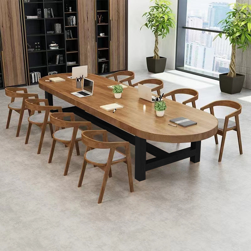 Solid Wood Oval Office Desk 29.53-inch Tall Writing Desk with Iron Legs 70.9"L x 27.6"W x 29.5"H Clearhalo 'furn' 'furn_office_desk' 'Furniture' 'Office Desks' 'Office Furniture' 'office_desk' 6534428