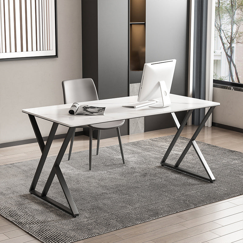 Contemporary Writing Desk Antique Finish Gaming Desk with Metal Legs 63"L x 31.5"W x 29.5"H White Clearhalo 'furn' 'furn_office_desk' 'Furniture' 'Office Desks' 'Office Furniture' 'office_desk' 6534648