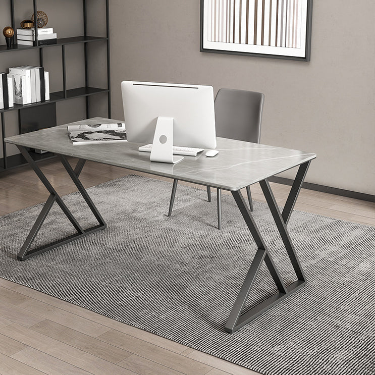 Contemporary Writing Desk Antique Finish Gaming Desk with Metal Legs 63"L x 31.5"W x 29.5"H Gray Clearhalo 'furn' 'furn_office_desk' 'Furniture' 'Office Desks' 'Office Furniture' 'office_desk' 6534651