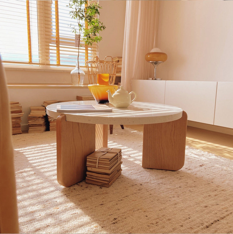 Stone and Solid Wood Coffee or End Table Contemporary Coffee Table in Beige