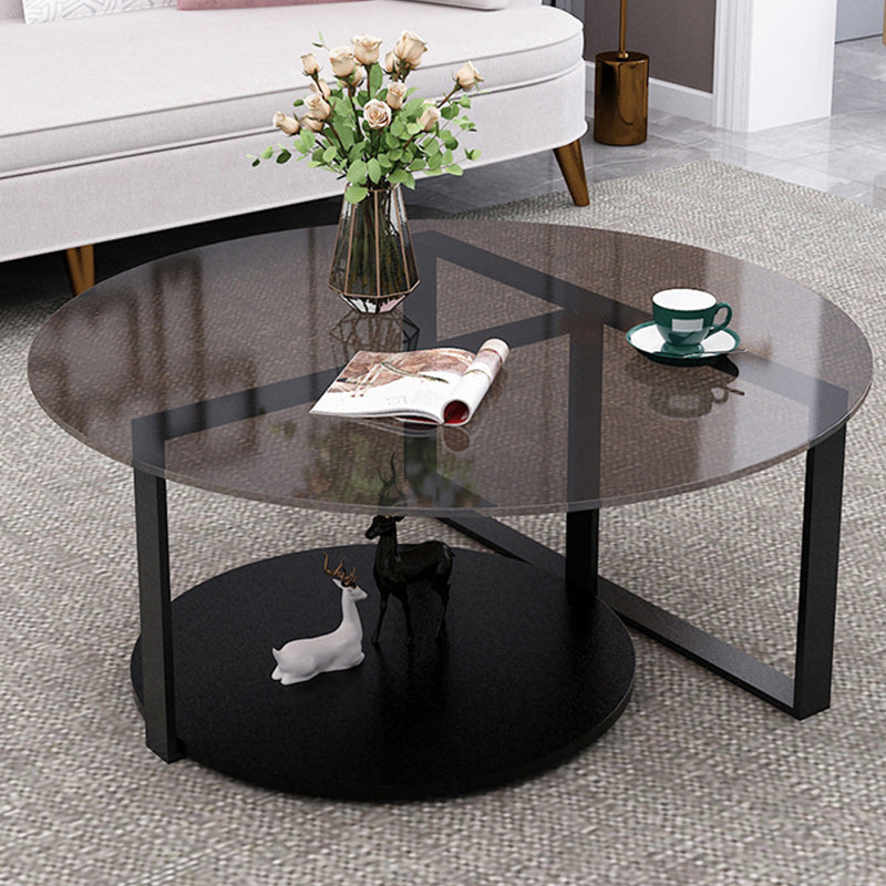 17" Wide Contemporary Coffee Table Round Glass Top Cocktail Table Gray Clear Shelves Included Clearhalo 'Coffee & Accent Tables' 'Coffee Tables' 'coffee_tables' 'furn' 'furn_coffee_tables' 'Furniture' 'Living Room Furniture' 6535625