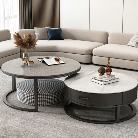 ストーンラウンドコンテンポラリーカクテルテーブルフレームネスティングコーヒーテーブルセット