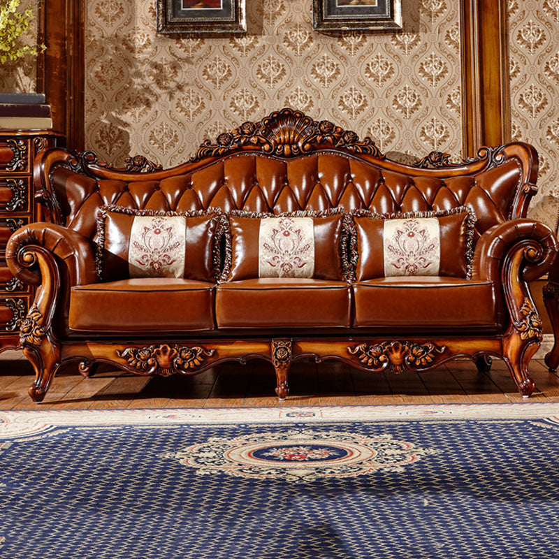 Classic Tufted Split-Back Seating Flared Arm Sofa with Pillows in Brown