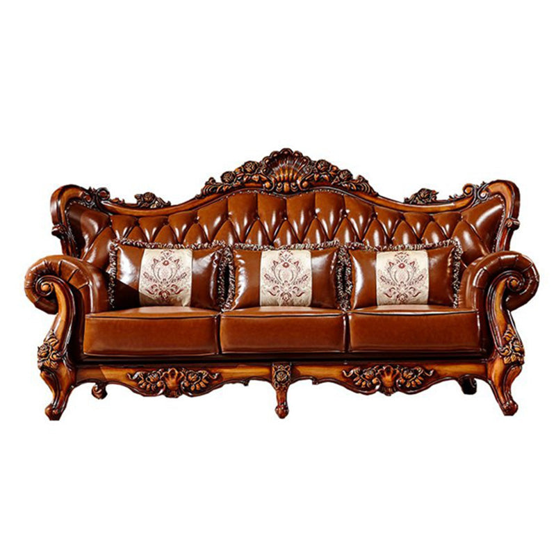 Classic Tufted Split-Back Seating Flared Arm Sofa with Pillows in Brown