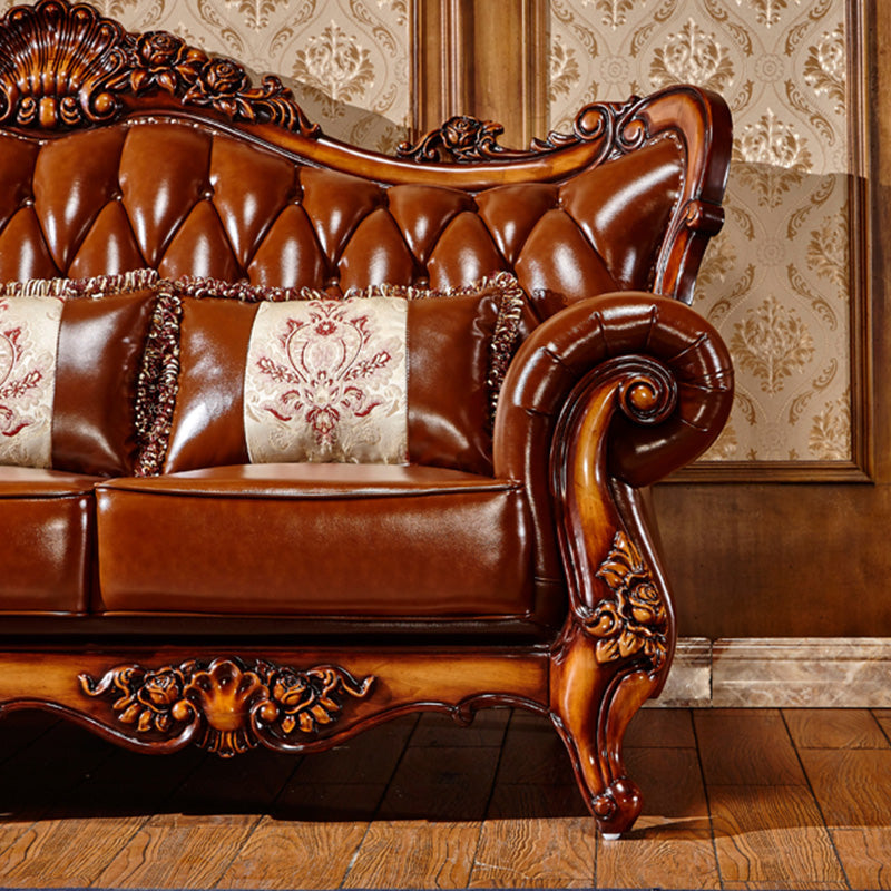 Classic Tufted Split-Back Seating Flared Arm Sofa with Pillows in Brown