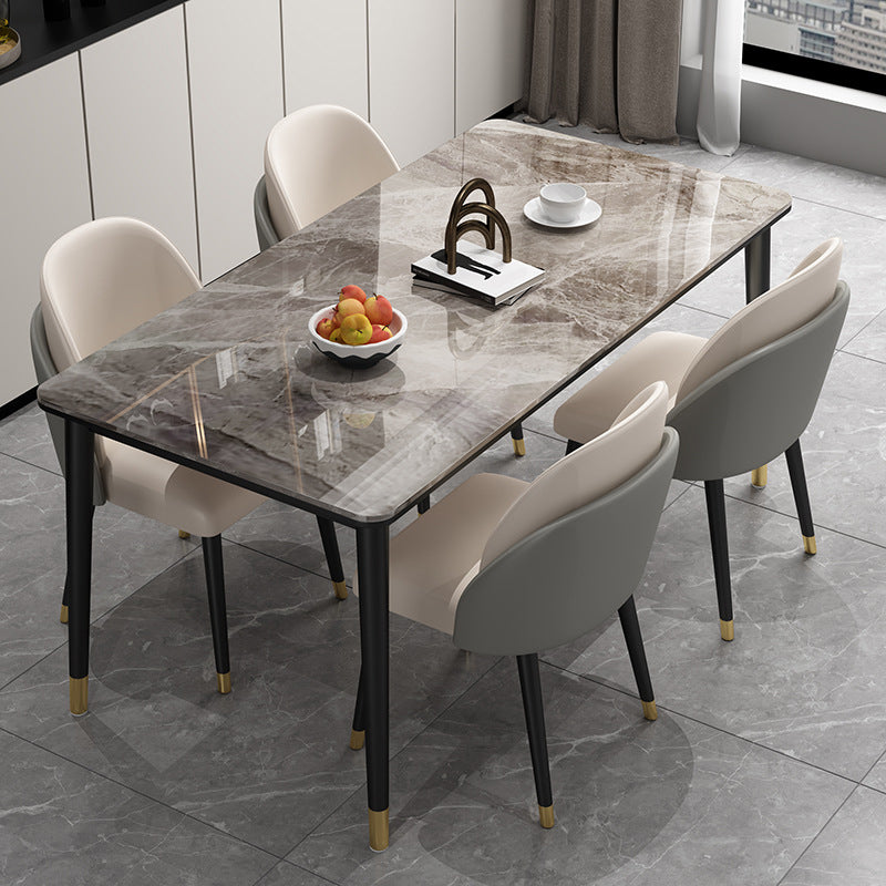 Minimalist 1/2/5/7 Pieces Furniture Stone Rectangle Dining Table Set for Home 5 Pieces: Grey Table, 4 Beige Chairs Clearhalo 'Dining Room Sets' 'Dining Tables & Seating' 'dining_room_set' 'furn' 'furn_dining_room_set' 'Furniture' 'Kitchen & Dining Furniture' 6543360