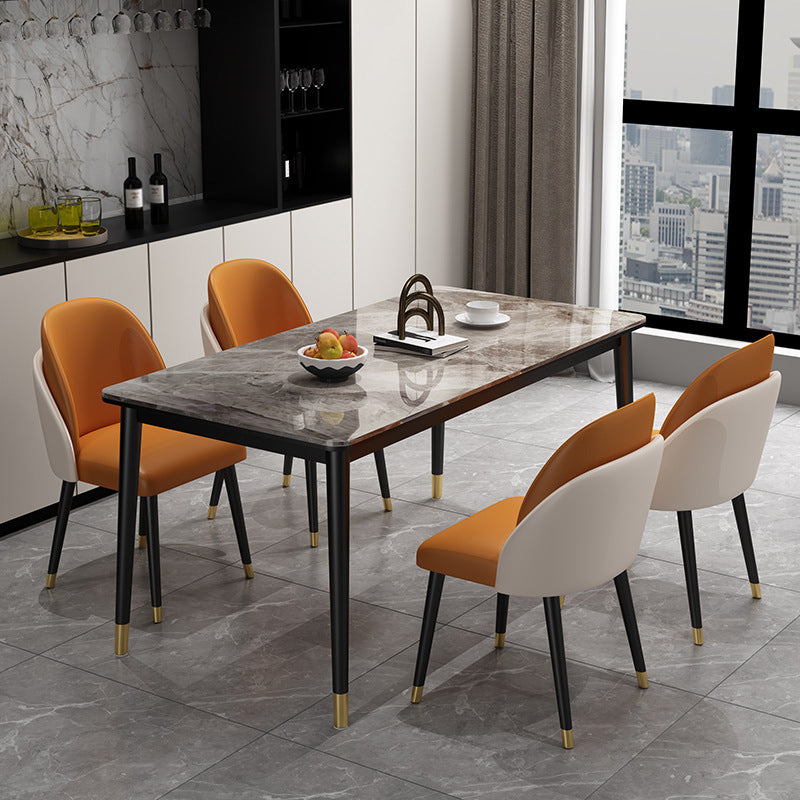Minimalist 1/2/5/7 Pieces Furniture Stone Rectangle Dining Table Set for Home 5 Pieces: Grey Table, 4 Orange Chairs Clearhalo 'Dining Room Sets' 'Dining Tables & Seating' 'dining_room_set' 'furn' 'furn_dining_room_set' 'Furniture' 'Kitchen & Dining Furniture' 6543362