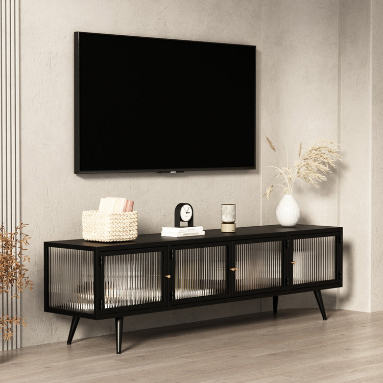 Modern Metal TV Media Stand Enclosed Storage TV Console with Doors for Living Room 63"L x 14"W x 18"H Black Clearhalo 'furn' 'furn_tv_stands_entertainment_centers' 'Furniture' 'Living Room Furniture' 'TV Stands & Entertainment Centers' 'TV Stands & Media Storage Furniture' 'tv_stands_entertainment_centers' 6545881