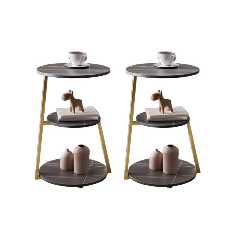 Glam Metal Side Table with Shelves Round Stone Top Accent Side Table