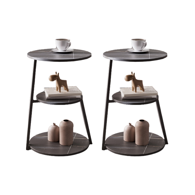 Glam Metal Side Table with Shelves Round Stone Top Accent Side Table