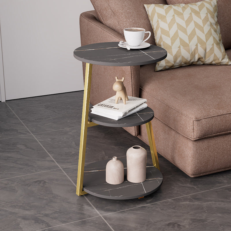 Glam Metal Side Table with Shelves Round Stone Top Accent Side Table