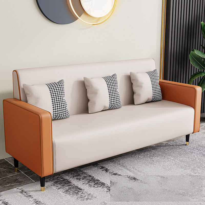 Cushions Square Arm Sofa Leather and Wood Seating with Pillows Beige Orange Clearhalo 'furn' 'furn_sofas' 'Furniture' 'Living Room Furniture' 'Sofa' 'sofas' 6551601