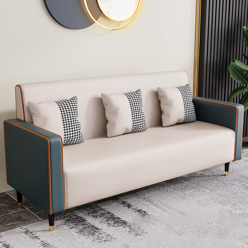 Cushions Square Arm Sofa Leather and Wood Seating with Pillows Beige-Blue Clearhalo 'furn' 'furn_sofas' 'Furniture' 'Living Room Furniture' 'Sofa' 'sofas' 6551609