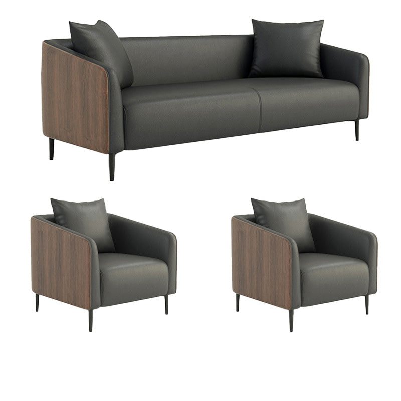 Sloped Arm Sofa in Black with Pillows Leather Stain Resistant Sofa