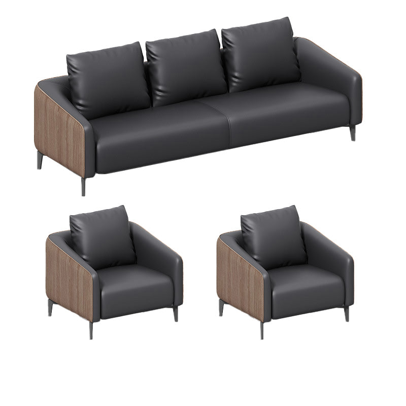 Sloped Arm Sofa in Black with Pillows Leather Stain Resistant Sofa