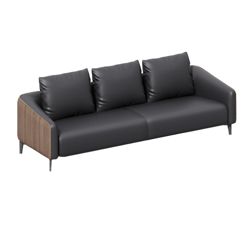 Sloped Arm Sofa in Black with Pillows Leather Stain Resistant Sofa