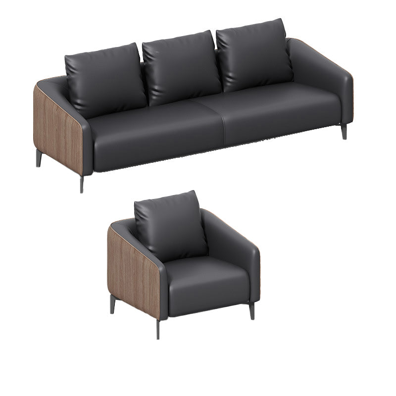 Sloped Arm Sofa in Black with Pillows Leather Stain Resistant Sofa