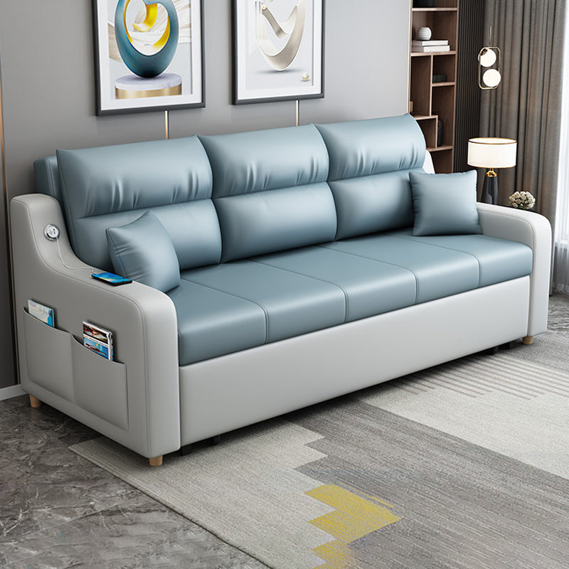 Blue Convertible Sofa Bed Sewn Pillow Back Sofa with Storage