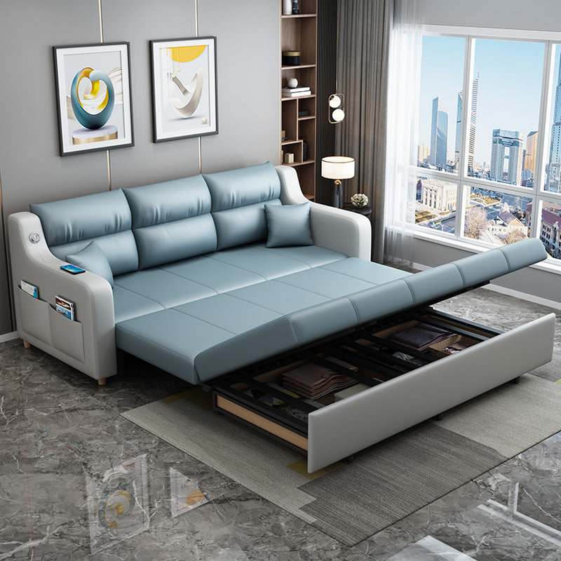 Blue Convertible Sofa Bed Sewn Pillow Back Sofa with Storage