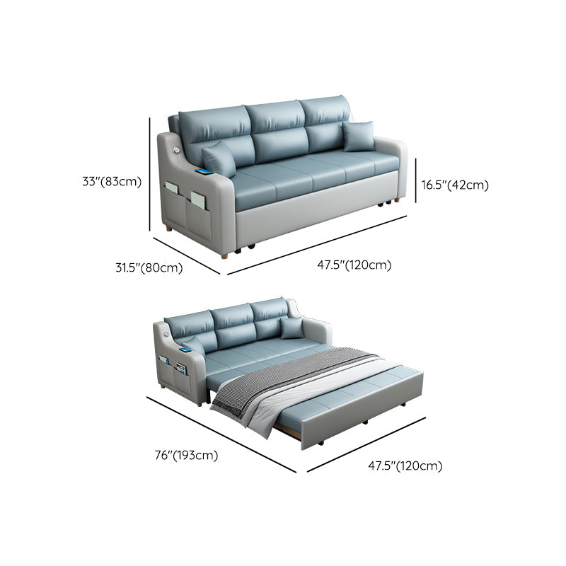 Blue Convertible Sofa Bed Sewn Pillow Back Sofa with Storage