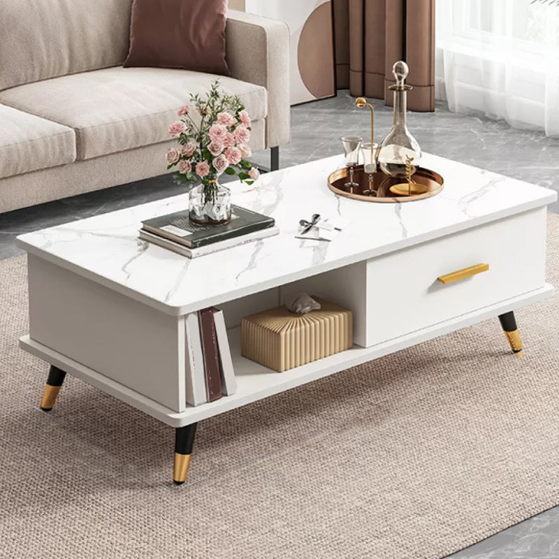 Contemporary 4 Legs Coffee Table Stone Cocktail Table with Storage Drawer