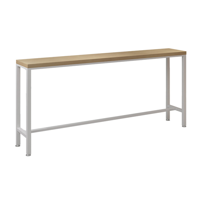 Mesa rectangular con altura de barra, patas blancas y mesa de bar con base de metal para uso en patio