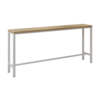 Mesa rectangular con altura de barra, patas blancas y mesa de bar con base de metal para uso en patio