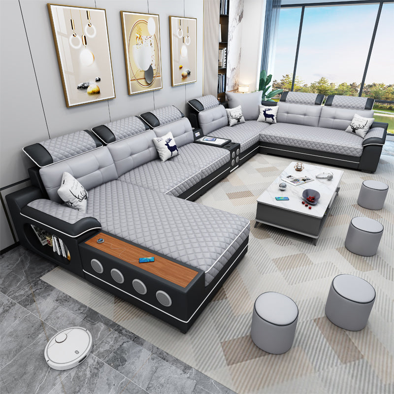 Sofá seccional de cuero de campo sintético francés con brazos de almohada