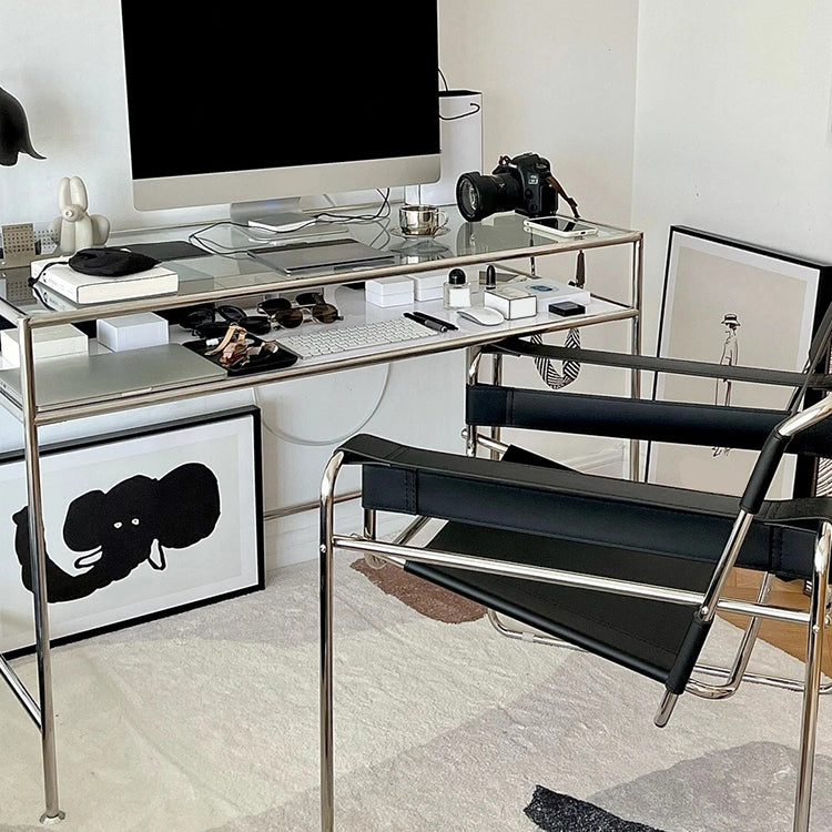 Bureau de bureau en verre moderne de 31,5 pouces de haut avec des jambes en acier inoxydable