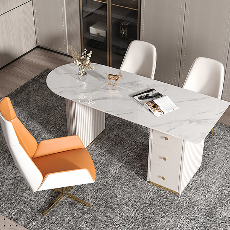 Escritorio de oficina de medio círculo de piedra Glam Stone 29.53 pulgadas de alto escritorio de escritura