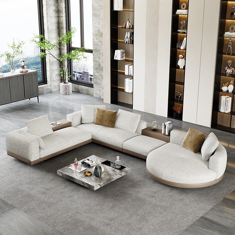 Farmhouse Sectional Sofa with Square Arms in Beige Linen Blend Clearhalo 'furn' 'furn_sectionals' 'Furniture' 'Living Room Furniture' 'Sectionals' 6567128
